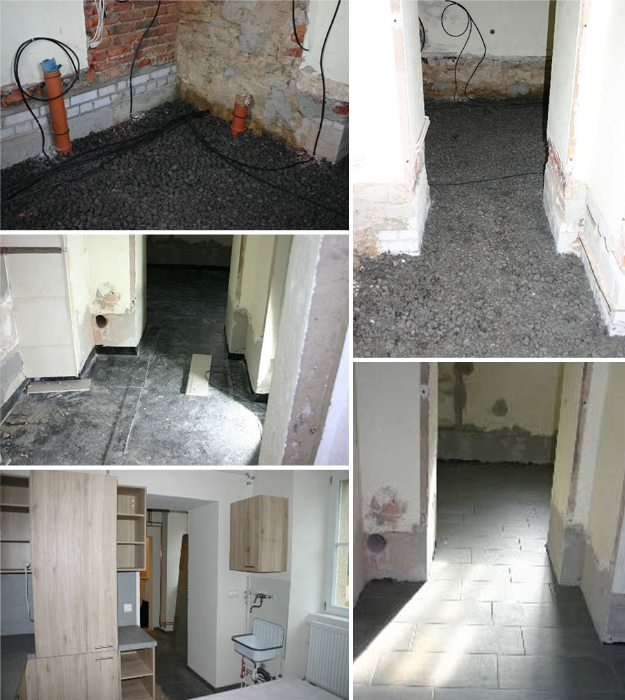 Aufbau: Neuaufbau abgesenkter Fußboden (barrierefrei) mit Dämmung, neue Küche