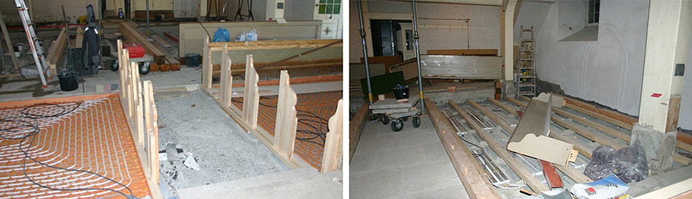 Einbau Holzpodeste mit Fußbodenheizung sowie neuer Kirchenbänke vorn und aufgearbeiteter Kirchenbänke hinten