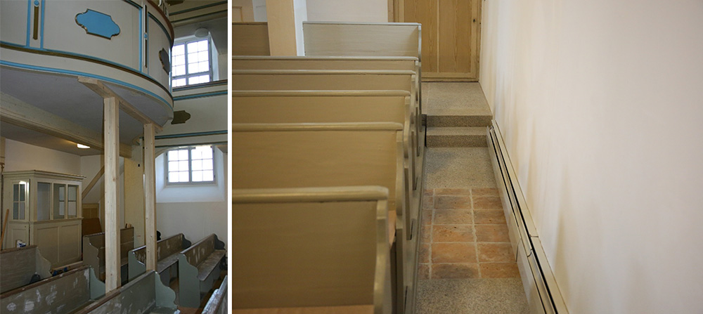Zwei neue Holzsäulen unter der Orgelempore eingebaut und keramische Platten am ursprünglichen Eingang des früheren Kirchenbaus verlegt